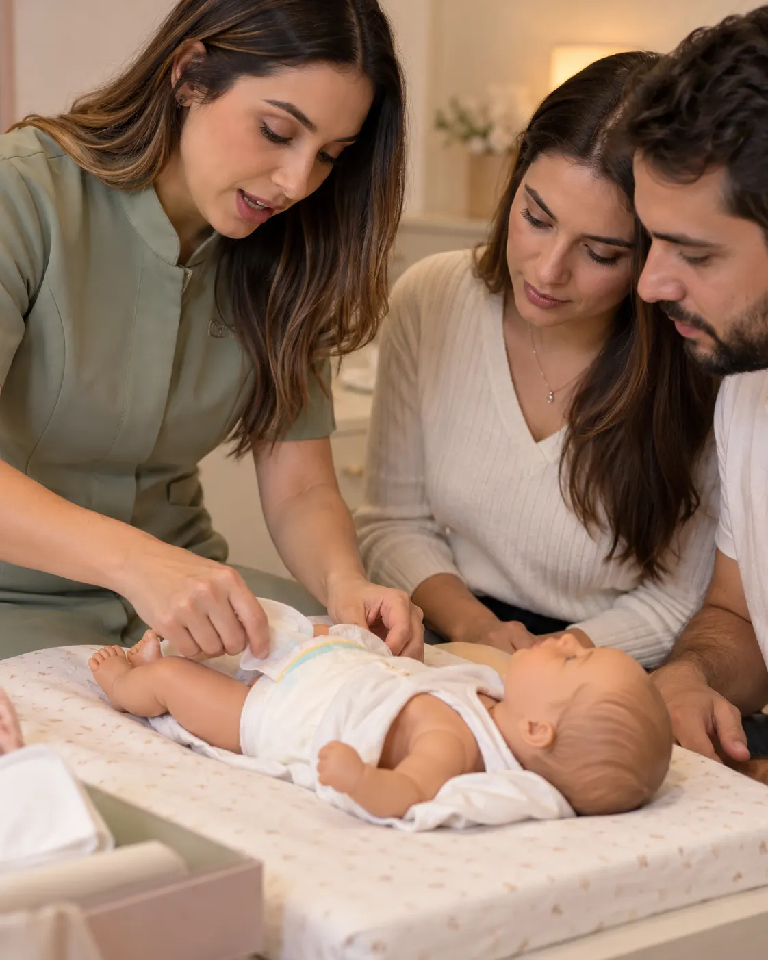 Enfermeira mostrando a um casal como trocar a fralda do bebê no trocador